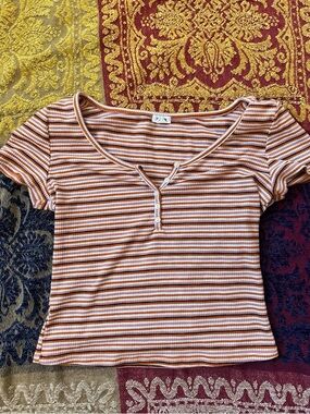 Garage Rust & White Striped Ribbed Henley Tee